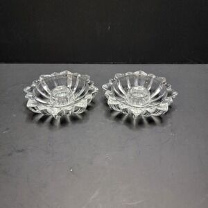 Vintage 60's Round Starburst Cut Glass Candle Stick Holder Set Of 2